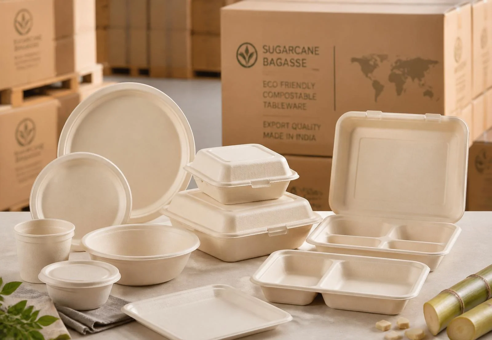 Namya EcoPack premium compostable food packaging — plates, bowls, meal trays and clamshell containers arranged with export shipping cartons
